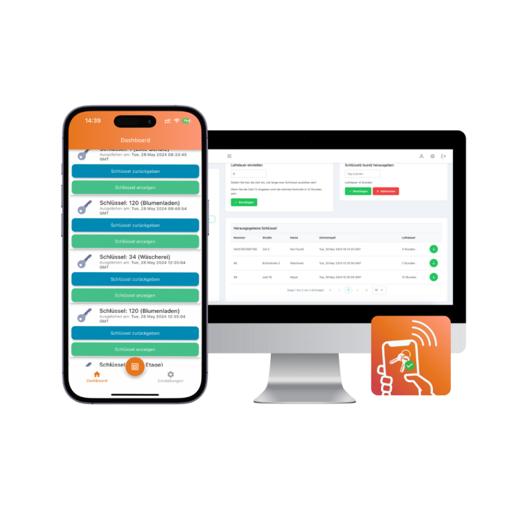 DigiClés - Gestion de clés via NFC et smartphone Interface d'application et de tableau de bord sur mobile et ordinateur. Logo orange de DigiClés.
