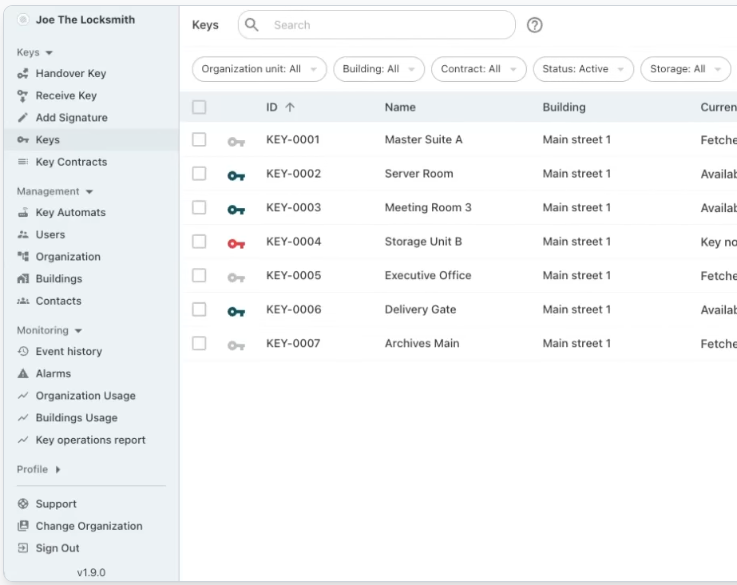 Livion KeyRegister - Gestion de clés pour villes, municipalités et administrations Interface d'application avec tableau de données et options de navigation.